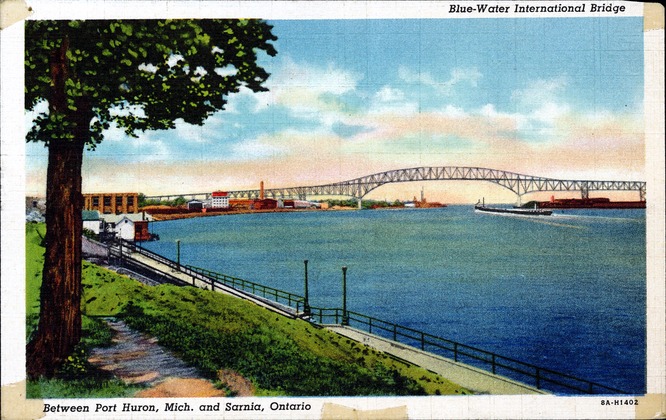[Blue-Water International Bridge Between Port Huron, Mich. and Sarnia, Ontario Postcard]