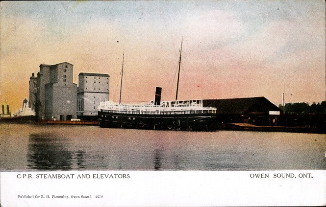 [C.P.R. Steamboat and Elevators, Owen Sound, Ont. Postcard]