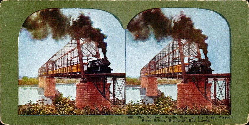 [The Northern Pacific Flyer on the Great Missouri River Bridge, Bismarck, Bad Lands Stereo Card]