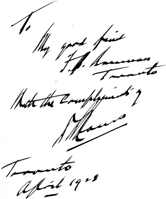 [Inscription on front end page of a copy of <cite>Trains of Recollection</cite> by D. B. Hanna]