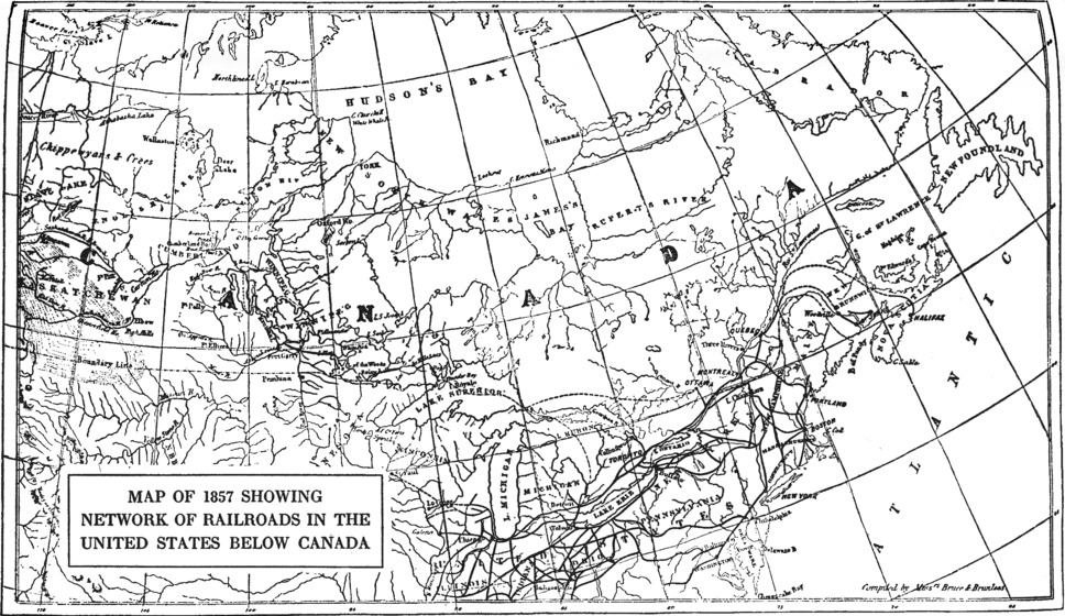 [Map of 1857 Showing Network of Railroads in the United States Below Canada]