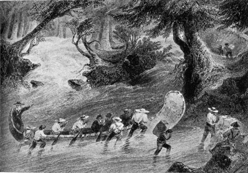 [Working a Canoe at a Rapid]